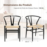 RELAX4LIFE Lot de 2 Chaise Wishbone, Chaise Scandinave Salle a Manger, Assise Tissée en Corde de Papier, Dossier en Y, Cadre Métallique, Chaises Salon Intérieur pour Bureau Cuisine (Noir+Naturel,1)