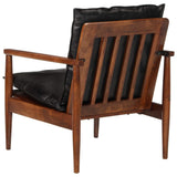 vidaXL Fauteuil, Chaise avec Coussin, Siège avec Accoudoir, Meuble de Salon Salle de Séjour, Noir Cuir Véritable et Bois d'Acacia Massif