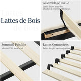 Yaheetech Lit Double Rembourré 160x200 cm avec Sommier à Lattes, Cadre de Lit Moderne pour Adultes 2 Personnes, Tête de Lit à Rayures, Lit en Bois et Métal, Beige