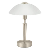 Eglo Lampe à poser SOLO 1, 1 lampe de table à flamme, matériau : acier, couleur : nickel mat, verre : blanc satiné, douille : E14, variateur tactile inclus