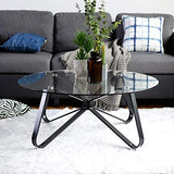 FurnitureR Table Basse, Table de Salon, Table Basse en Verre, Table Basse Ronde, Table Basse pour canapé, Chambre à Coucher, Structure en métal Solide, Noir + Transparent, 80 × 80 × 40 cm