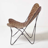 HOMESCAPES Fauteuil Papillon en Cuir véritable Marron Losanges et métal, Chaise en Cuir Vintage, Fauteuil rétro, 88 x 77 cm