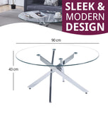 Hallowood Furniture Cullompton Table basse en métal avec plateau en verre, table en verre avec 4 pieds chromés croisés, petite table centrale, table basse ronde pour salon