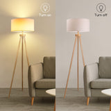 Aigostar Lampadaire Sur Pied Salon Vintange,Lampadaire Trépied en Bois,Ampoule Non Incluse,Compatible Ampoule LED E27,Avec Interrupteur à Pied et Abat-Jour en Lin,Idéal Salon,Chambre,Bureau