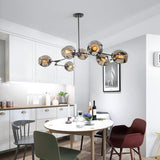 Lustre à branches en boule de verre de 71 po, lustre Spoutnik E26 à hauteur réglable, suspension globe Starburst à 8 lumières du milieu du siècle, luminaires en métal soufflé à la main, suie dégradée