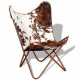 Tonture Fauteuil papillon, marron et blanc, en peau de vache véritable, chaise en cuir vintage, ergonomique, fabriquée à la main, pour salon, chambre à coucher, salon