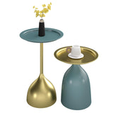Ginhow Lot de 2 tables basses, bleues et dorées, rondes, design moderne, en métal, avec bord de table, diamètre : 40 x 60 cm, diamètre : 40 x 42 cm