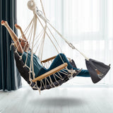 SUNWAY Chaise hamac avec repose-pieds réglable et appuie-tête - Tissu matelassé et barre d'écartement en acier - Capacité de 158,8 kg - Chaise suspendue avec accoudoirs en bois pour porche/jardin