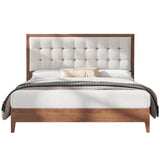 LUXOAK Lit en Bois de pin Massif 160 x 200 cm avec tête de lit rembourrée, lit en Bois pour Chambre à Coucher ou Chambre d'amis, Housse en Lin, Aspect Noyer