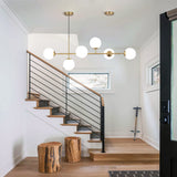 KCO Lighting Lustre Vintage en Verre à 6 Lumières Pour Salon, Lustre Linéaire Moderne en Forme de Globe Blanc, Luminaire Suspendu Doré en Laiton du Milieu du Siècle Pour Cuisine