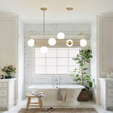 KCO Lighting Lustre Vintage en Verre à 6 Lumières Pour Salon, Lustre Linéaire Moderne en Forme de Globe Blanc, Luminaire Suspendu Doré en Laiton du Milieu du Siècle Pour Cuisine