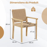 COSTWAY Ensemble de 2 Chaises de Jardin avec Cadre en Bois Massif, Chaises de Salle à Manger pour Patio avec Siège en Corde Tressée, Chaises d'Extérieur pour Balcon, Porche, Salon