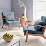Alice's Home - Fauteuil Design en Bois et Tissu. 1 Place Droit Fixe. Pieds Compas scandinave. Assise Confortable. Structure en Bois Solide. Bleu