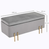 HOMCOM Banc de Rangement Coffre de Rangement Design Contemporain- Banc avec Espace de Rangement - dim. 100L x 40l x 42H cm - Velours Gris Clair piètement métal doré