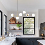 KCO Lighting Lustre Vintage en Verre à 6 Lumières Pour Salon, Lustre Linéaire Moderne en Forme de Globe Blanc, Luminaire Suspendu Doré en Laiton du Milieu du Siècle Pour Cuisine