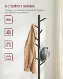 VASAGLE Porte-manteau sur Pieds, en Bois, en Forme d’Arbre, 8 Crochets, 3 Hauteurs Réglables, pour Vêtements, Chapeaux, Sacs, Entrée, Salon, Chambre, Bureau, Noir RCR004B01
