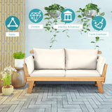 GOPLUS Canapé Lit de Jardin Extensible 2 Places Charge 320 KG, Accoudoirs Réglables, Coussins & Dossier Amovibles, Cadre en Bois d’Acacia Massif, pour Terrasse, Balcon, Parc, Patio (Blanc)