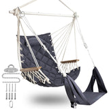 SUNWAY Chaise hamac avec repose-pieds réglable et appuie-tête - Tissu matelassé et barre d'écartement en acier - Capacité de 158,8 kg - Chaise suspendue avec accoudoirs en bois pour porche/jardin