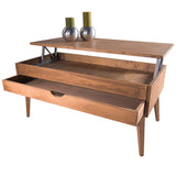 LoMasCasa Sonka Table basse relevable avec tiroir coulissant en bois naturel massif Disponible en couleur bois avec pied conique 100 x 50 x 48 cm