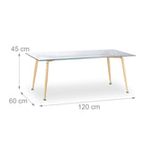 Relaxdays Basse en Verre, Dessus Table Trempé, Pieds Métal Aspect Bois HLP : 45 x 120 x 60 cm, Transparent/Marron, Durchsichtig/Braun