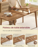 VASAGLE Table de Salle à Manger, Plateau Extensible, Capacité de Charge de 120 kg, pour Salle à Manger, Bureau ou Espace de Travail, Design Épuré, Marron Miel KDT090K01
