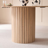 BenyLed Table de Salle à Manger Ronde de 120 cm pour 4-6 Personnes, Table de Cuisine Fermière avec Base Cylindrique, Plateau en MDF et Socle à Lattes en Bois (Grain de Bois Clair)