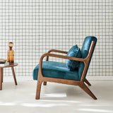 Alice's Home - Fauteuil en Velours Bleu pétrole. Pieds Bois d'hévéa teinté Noyer Clair. 1 Place Droit Fixe. Pieds Compas scandinave