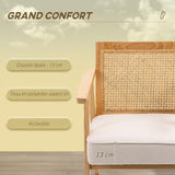 HOMCOM Fauteuil de Salon Confortable Chaise en Rotin avec Coussin épais- Dossier en cannage - Assise Profonde - Structure en Bois hévéa Aspect Lin Beige