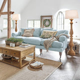 Loberon Canapé Kazimir, rembourrage de qualité, pieds tournés à la main, avec quatre coussins, meubles d'assise, bois de manguier, velours de coton, fibres de polyester, bleu