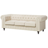 Canapé 3 Places en Tissu Beige Assise Rembourrée Large Dossier Points Chesterfield