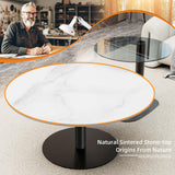FATIVO Lot de 2 Tables Basses Gigognes: Table Basse Ronde de Salon Design Table à Café Moderne en Pierre Frittée Blanche avec Petite Table Basse en Verre Grise - 80x38.5cm + 50x45cm
