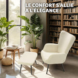 TecTake® Fauteuil Salon Confortable & Tabouret en Tissu bouclé Fauteuil Scandinave Moelleux avec Accoudoirs Chaise Ergonomique pour Salle à Manger, Chambre, Siege Bureau, Allaitement - Crème/Noir