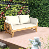 GOPLUS Canapé Lit de Jardin Extensible 2 Places Charge 320 KG, Accoudoirs Réglables, Coussins & Dossier Amovibles, Cadre en Bois d’Acacia Massif, pour Terrasse, Balcon, Parc, Patio (Blanc)