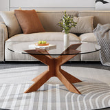 Table basse ronde en verre avec base en bois écrasé, tables d'appoint modernes en verre trempé, table de salon pour le salon, petite table ronde, simple et belle (transparent, 80 cm)