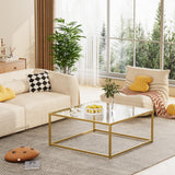 Petite table basse carrée en verre pour salon, table centrale simple et moderne pour petits espaces, table basse dorée pour salon, assemblage facile, 66 x 66 cm (doré et verre transparent)