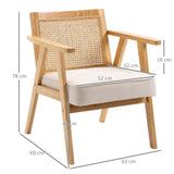 HOMCOM Fauteuil de Salon Confortable Chaise en Rotin avec Coussin épais- Dossier en cannage - Assise Profonde - Structure en Bois hévéa Aspect Lin Beige