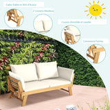 GOPLUS Canapé Lit de Jardin Extensible 2 Places Charge 320 KG, Accoudoirs Réglables, Coussins & Dossier Amovibles, Cadre en Bois d’Acacia Massif, pour Terrasse, Balcon, Parc, Patio (Blanc)