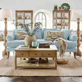 Loberon Canapé Kazimir, rembourrage de qualité, pieds tournés à la main, avec quatre coussins, meubles d'assise, bois de manguier, velours de coton, fibres de polyester, bleu