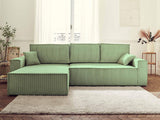 Best Mobilier - Canapé d'angle Convertible Réversible Dellia en Velours Côtelé - Canapé Lit - Sofa Vert Sauge 4 Places - Angle Droit - ou Gauche - Salon