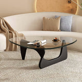 Table basse triangulaire moderne avec plateau en verre et base en bois – Petite table basse abstraite pour salon, bureau à domicile