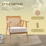 HOMCOM Fauteuil de Salon Confortable Chaise en Rotin avec Coussin épais- Dossier en cannage - Assise Profonde - Structure en Bois hévéa Aspect Lin Beige