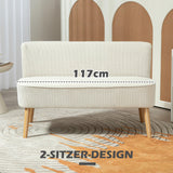 HOMCOM Canapé 2 Places Moderne Canapé sans accoudoirs Rembourré avec Aspect Velours côtelé, Petit canapé Lounge avec Pieds en Bois pour Le Salon, 117 x 56,5 x 77 cm, Blanc crème