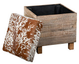 Coffre pouf carré en bois recyclé et peau de vache