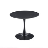 Casa Vital Table à manger Interlanta, noir, 90 x 90 x 75 cm, rond, plateau en pierre frittée, motif marbre noir, pied colonne en métal, plateau de base large et stable