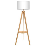 Tomons Lampadaire Trépied en Bois, Lampe sur Pied avec Tablette et Ampoule E27 8W, Abat-Jour en Tissu Blanc, Style Scandinave, Moderne Nordique pour Salon, Chambre, Bureau