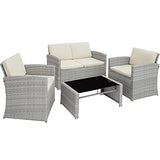 TecTake Salon de Jardin en Résine Tressée 4 Personnes, 1 Canapé, 2 Fauteuils, 1 Table avec Plateau en Verre, Coussins d’Assise et de Dossier Inclus (Gris Clair)