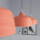 Suspension fabriquée en Italie avec câble textile, abat-jour Coupe en céramique et finition en métal - Sans ampoule, Rouge Corail à rayures - blanc