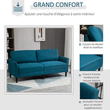 HOMCOM Canapé 3 Places Style Contemporain assises Larges Profondes accoudoirs courbés piètement effilé Bois hévéa Noir Polyester Bleu Canard