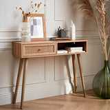 Console en cannage 100x29x81cm - Bohème - 1 tiroir.1 Espace de Rangement. Pieds scandinaves en Bois. 1 poignée