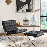 Fauteuil de salon classique - Pliable - En cuir véritable - Avec cadre en acier inoxydable - Pour chambre à coucher, salon, salle de lecture (noir, avec ottomane)